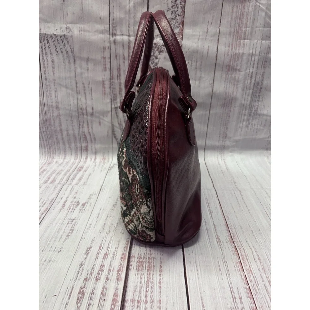 Vintage Style Burgundy Patchwork Satchel Floral Tapestry Croc Embossed Dome Bag